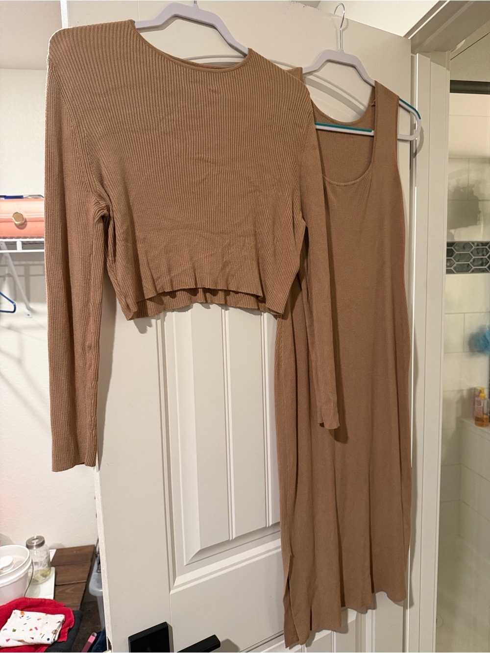 Women’s Cropped Rib Knit Sweater & Tank Dress Set - Camel
